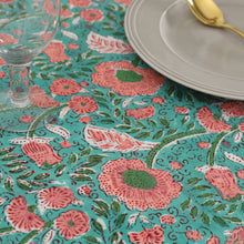 Load image into Gallery viewer, Green Pink Floral Indian Hand Block Printed 100% Cotton Tablecloth