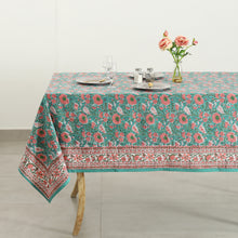 Load image into Gallery viewer, Green Pink Floral Indian Hand Block Printed 100% Cotton Tablecloth