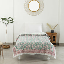 Load image into Gallery viewer, Handmade Green/Red Block printed Cotton Quilt