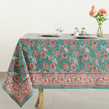 Load image into Gallery viewer, Green Pink Floral Indian Hand Block Printed 100% Cotton Tablecloth