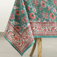 Load image into Gallery viewer, Green Pink Floral Indian Hand Block Printed 100% Cotton Tablecloth
