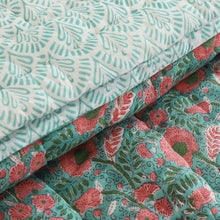 Load image into Gallery viewer, Handmade Turquoise/Pink Block printed Cotton Quilt