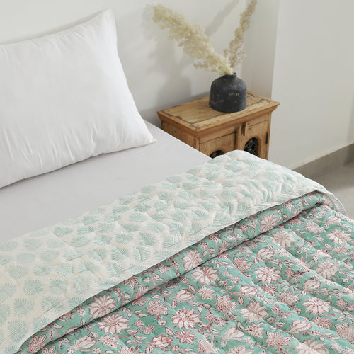 Handmade Green/Red Block printed Cotton Quilt
