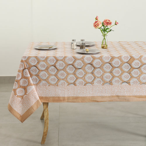 Beige White Indian Hand Block Printed 100% Cotton Tablecloth