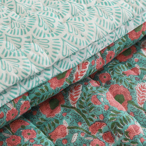 Handmade Turquoise/Pink Block printed Cotton Quilt