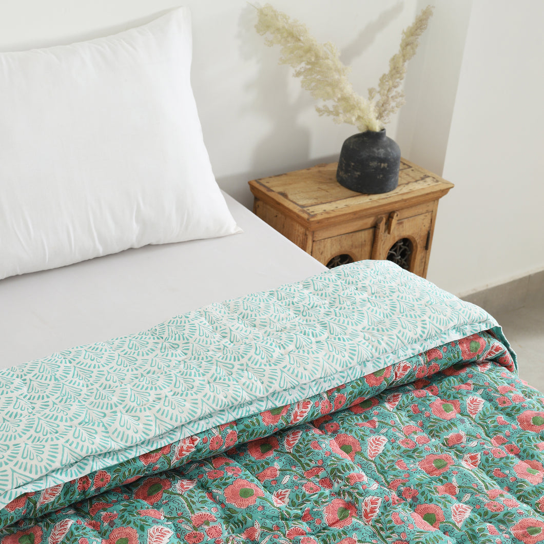 Handmade Turquoise/Pink Block printed Cotton Quilt